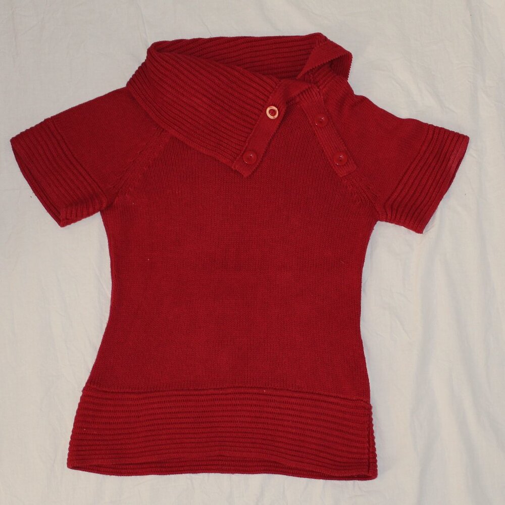 The Limited Short, Raglan Style Sleeve, Red, Button Folded Collar/Cowl Sweater